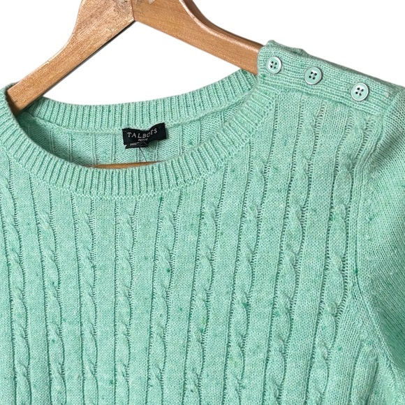 Talbots NWT Mint Green Speckled Cable Knit Sweater Petite Medium Button Shoulder - Picture 5 of 10